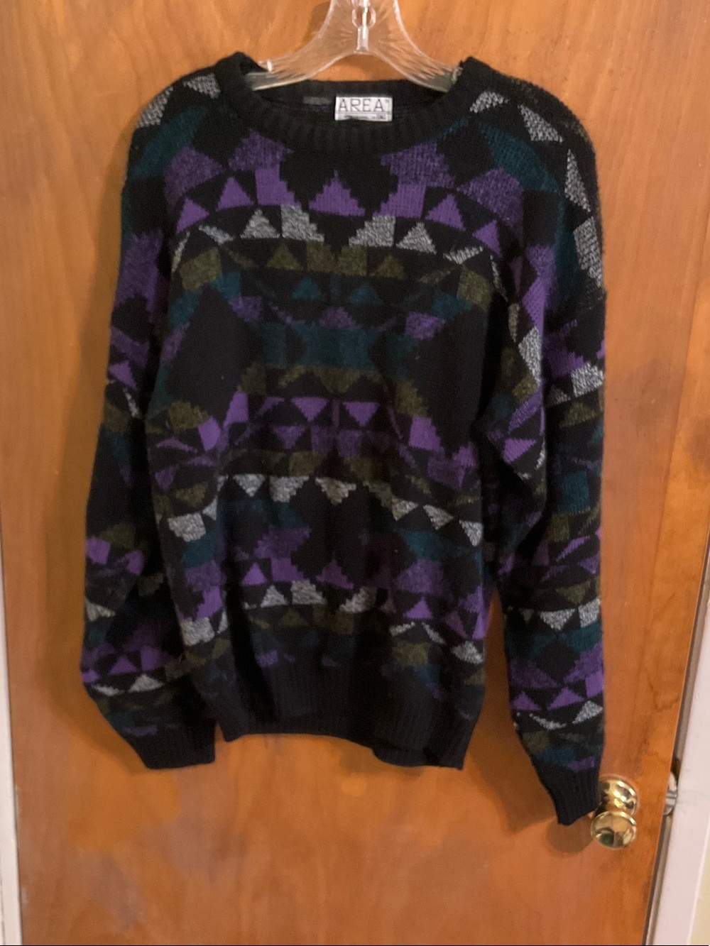 AREA Black Crewneck Sweater with Purple & Teal Geometric Pattern